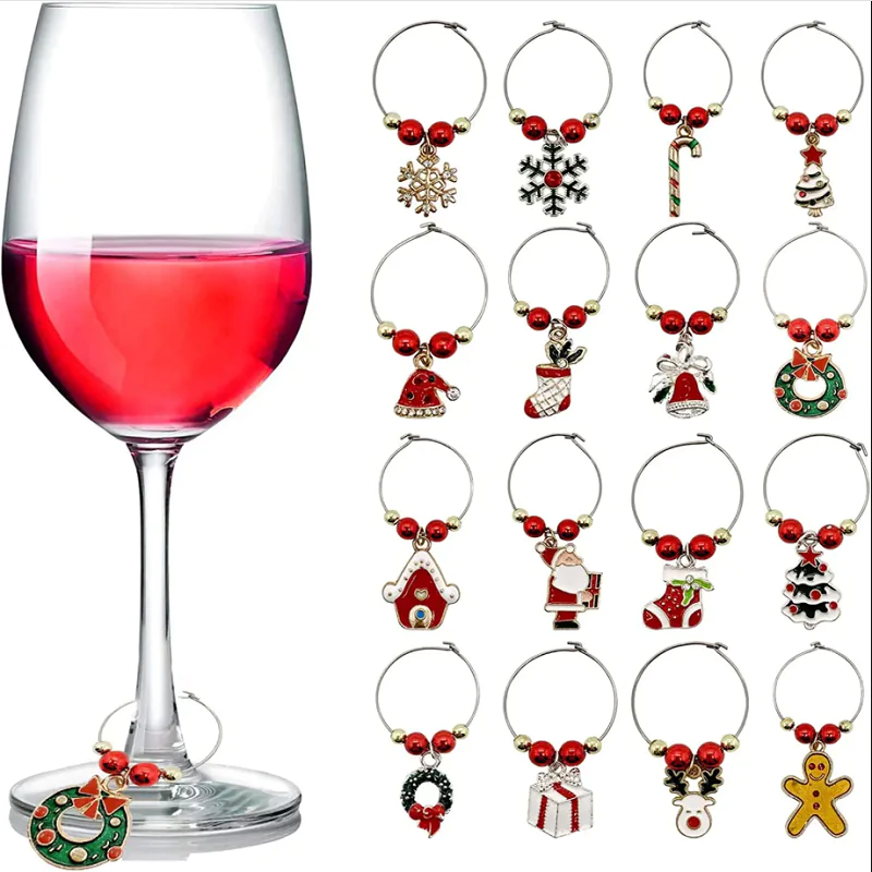 Red Wine Glass Charms Ring Set for Bar Christmas Party